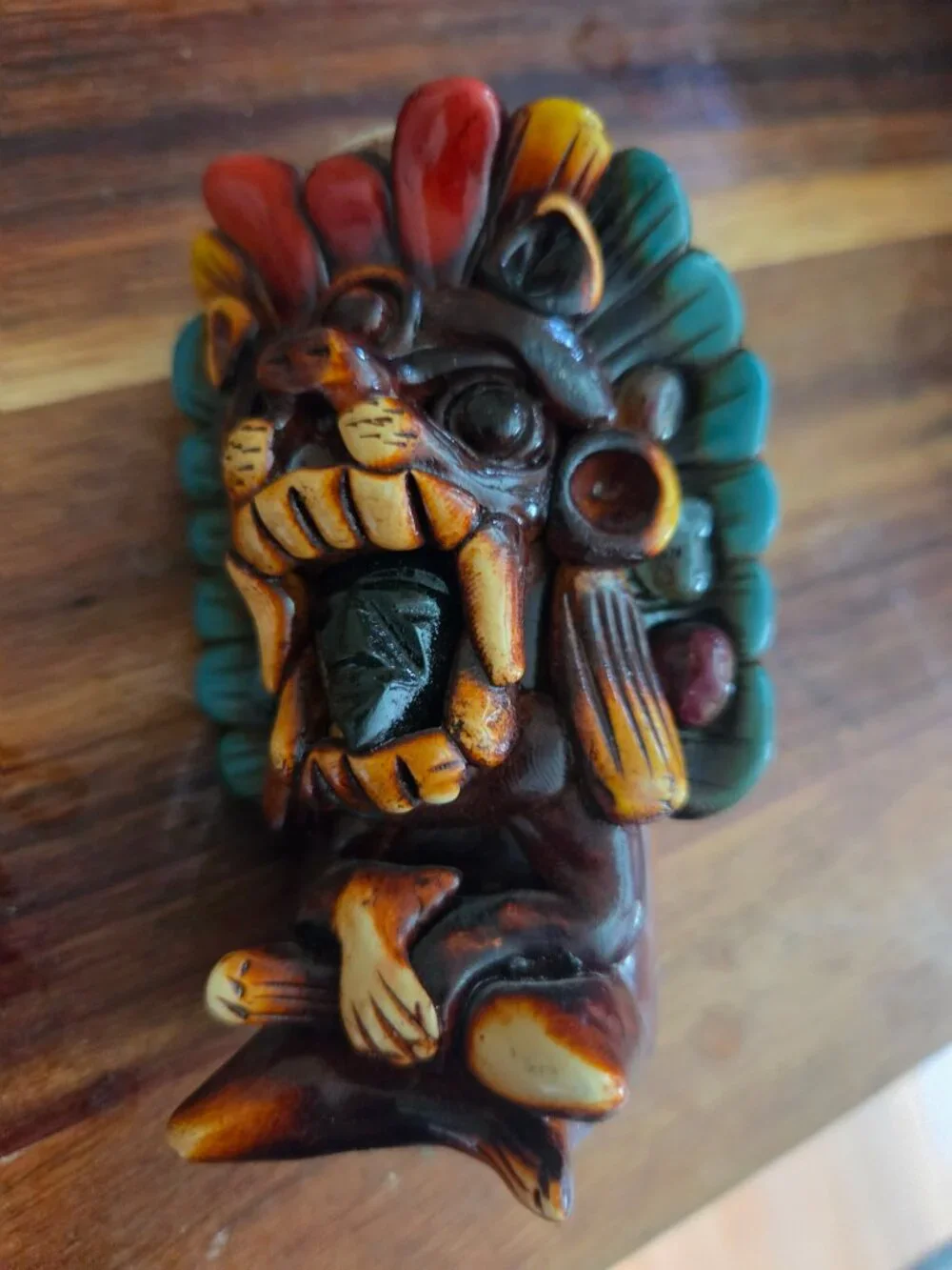 aztec or mayan mexican warrior shotglass resin feathered headress